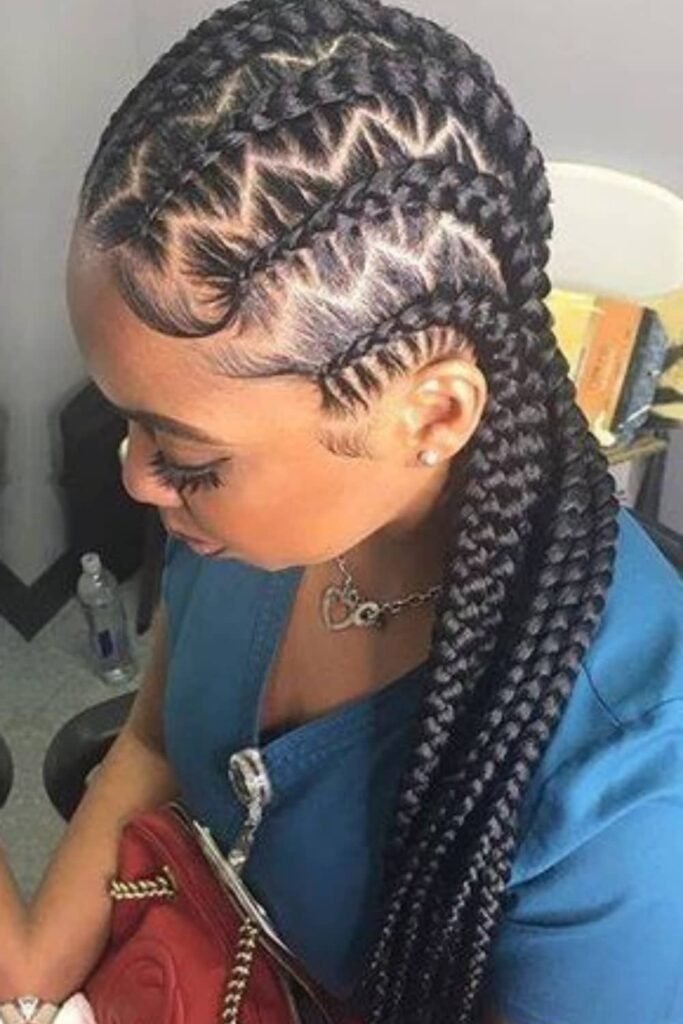 Zigzag Parted Cornrows with Ponytail