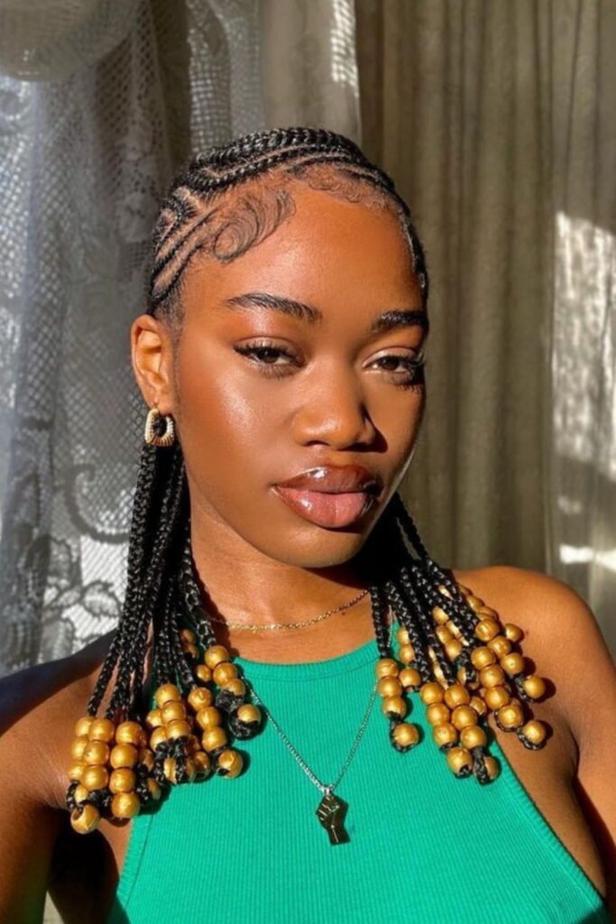 Side-Swept Cornrows with Gold Beads